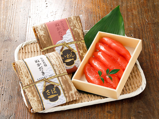 【進物用】竹皮包み さば・いわしのぬかだきと辛子明太子（一本物）